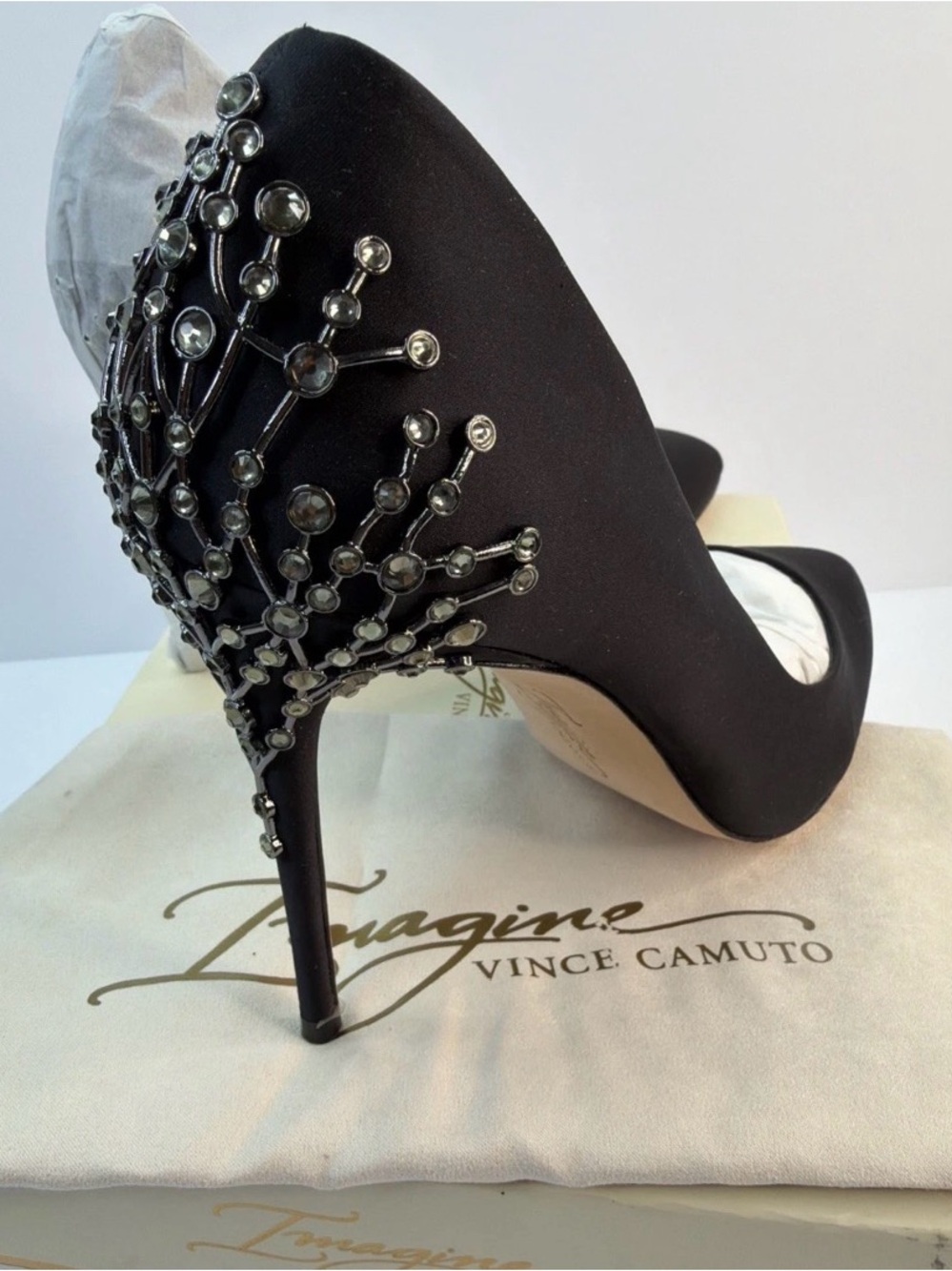 Vince Camuto Black Satin Crystal-Accented Stiletto Pumps